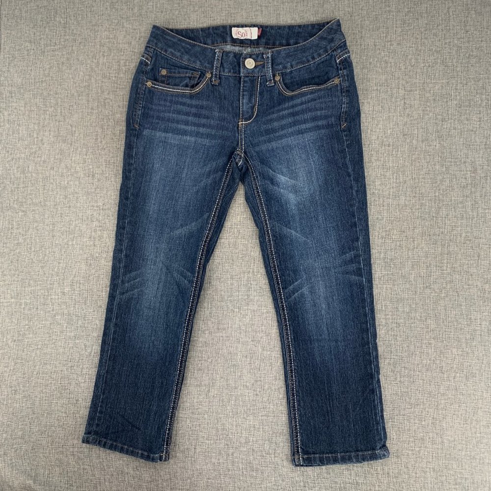 So Straight Dark Blue Denim Jeans Size 5 Low Rise 78% Cotton Polyester Spandex